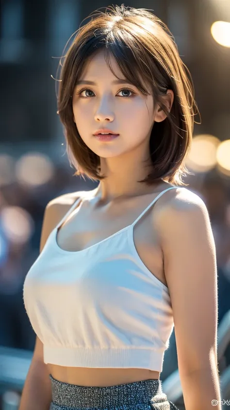 masterpiece、Highest quality、Official Art、Highly Detailed CG Wallpaper in Unity 8K、Tank top、Like a 、Very delicate and beautiful、Ultra-high resolution、（Photorealistic：1.4）、Golden Hour Lighting、（Upper body）、（Platinum Short Hair：1.2）、（Puffy eyes）、Looking at th...