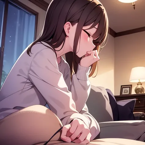 Masterpiece, best quality, {highres}, extremely detailed couple, illustration, solo, sharp focus, One boy, One girl, pretty girl, handsome boy, has Brown hair, closed eyes, in the living room, sitting on the couch, wears pijamas, blushed face, kissing with...