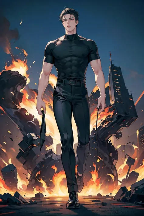 anime - (masterpiece), best quality, seductive eyes, mature face, black eyes, mid length slicked back black haircut, plain black t shirt, black pants, tall man, long legs, masculine, massive body, adult-like, full body, bad boy, the background is a burning...