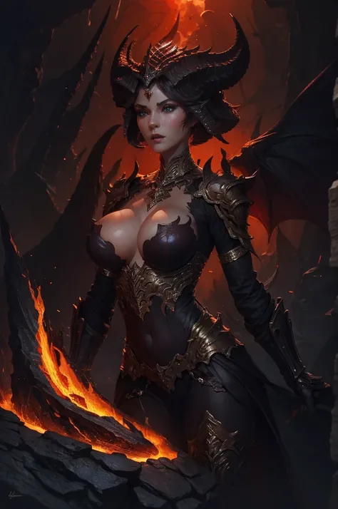 best quality, 8k, very delicate and beautiful, highly detailed face and skin texture, shiny skin, high resolution, huge tits sexy lilith in fire armor with volcano and fire, sharp focus
