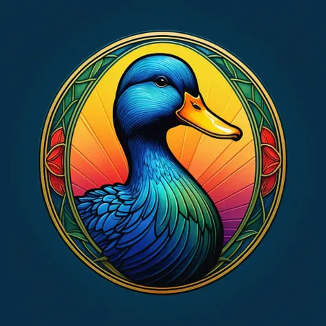 "Duck" logo; shading and gradients, Art Nouveau, vibrant colors and synthwave. Vector design, thin lines, central composition, smooth background, 1:1 air. Tetradic palettes (Blue, Yellow, Red, Olive Green), Watercolor logo style with print effect, puff pri...