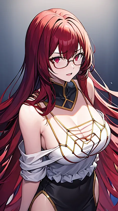 a 20 year old female villain with long dark red hair, red cat eyes, chest with red cat ears, round glasses, black dresses, black...