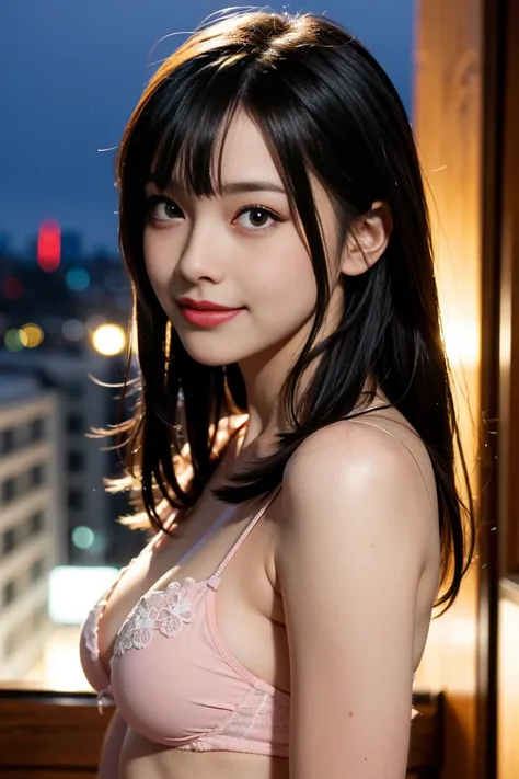 (nude)Face Focus, Portraiture, Glowing black eyes, Feminine style, One Girl, asymmetrical bangs, bangs, Black Hair, goodid, good, looking at the camera, smile, night, city, Bob Hair, abdomen, Red lips, shirt, alone, Are standing, goodid, Upper Body, underw...