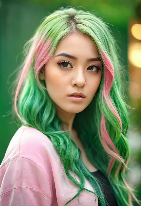 photo, rule of thirds, dramatic lighting,
face closeup,
dynamic pose, dynamic angle,
Girl, 21years old, (very long streaked green/pink hair:1.3) dynamic hairstyle, intricate background , realism, realistic, raw, analog, photorealistic in bokeh, M.ia,