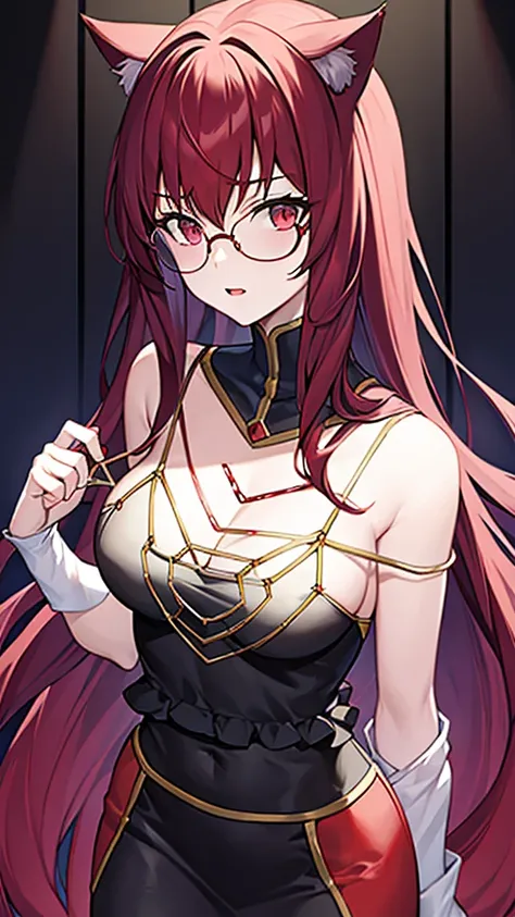 a 20 year old female villain with long dark red hair, red cat eyes, chest with red cat ears, round glasses, black dresses, black...