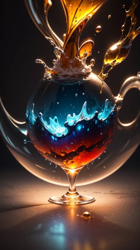 Surreal Apple Fusion in Blue Realm. create an oil painting on cracked canvas: A 3D HDR glistening glass layered apple with melting merano glass and tiny trickles of swirling striped glass inside the apple leaking out down the sides, hyper-realistic details...