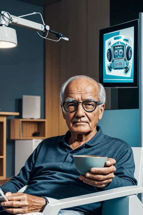 Draw an older adult sitting comfortably in his living room with a robot accompanying him. The older adult could be wearing augmented reality glasses or interacting with a digital screen where the robot shows them personalized educational information. The r...