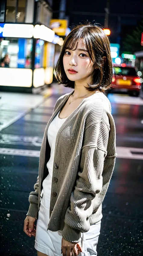 a beautiful japanese woman with very short bob haircut, full body shot, wearing fashionable clothes, necklace, simple background, (best quality,8K,32k,masterpiece:1.2),cinematic aesthetic:1.4,beautiful fashion model photo in bokeh city night,full body shot...