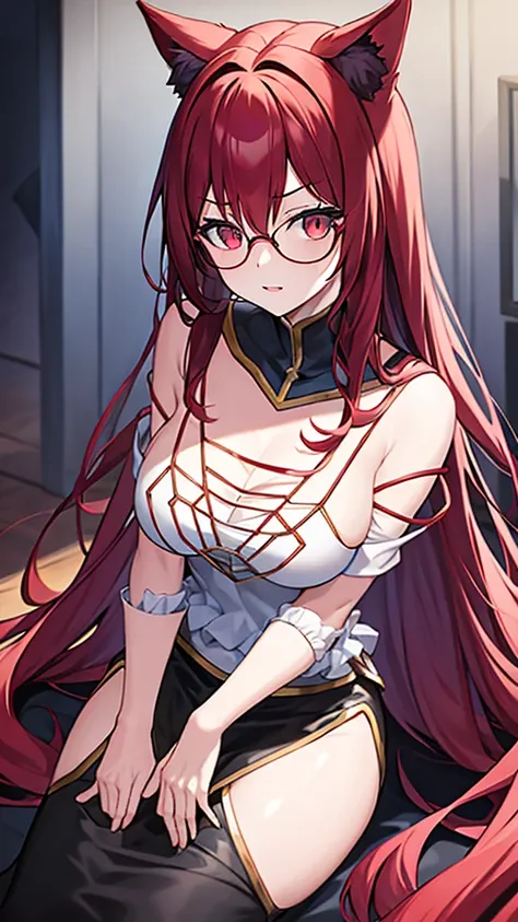 a 20 year old female villain with long dark red hair, red cat eyes, chest with red cat ears, round glasses, black dresses, black...