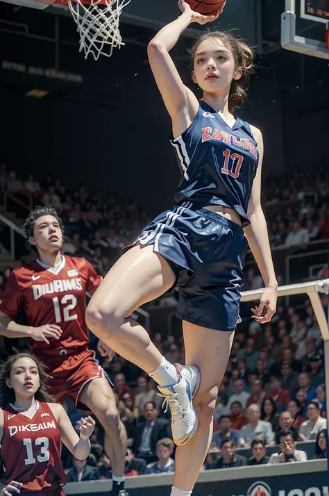 (((best quality))), (((ultra detailed))), (((masterpiece))), illustration, ((1girl,female basketball player,solo)),(slam dunk:1.3),(dunking in the air:1.3), intensity, determined expression, flushed face, perspiration, almond-shaped eyes, mesh jersey, team...