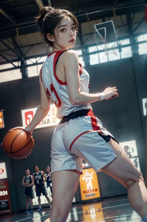 (((best quality))), (((ultra detailed))), (((masterpiece))), illustration, ((1girl,female basketball player,solo)),(slam dunk:1.3),(dunking in the air:1.3), intensity, determined expression, flushed face, perspiration, almond-shaped eyes, mesh jersey, team...