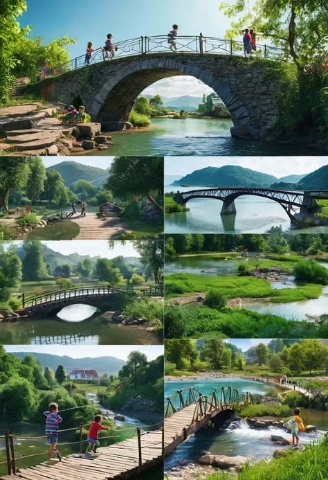 A selection of landscapes with bridges, 8k images、Children playing