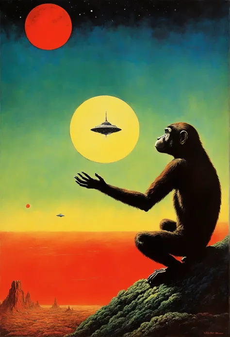 A monkey waving at a UFO from behind，Old Sci-Fi Posters, author：Zsław Beksinski and Jean.Gillot，Red Moon