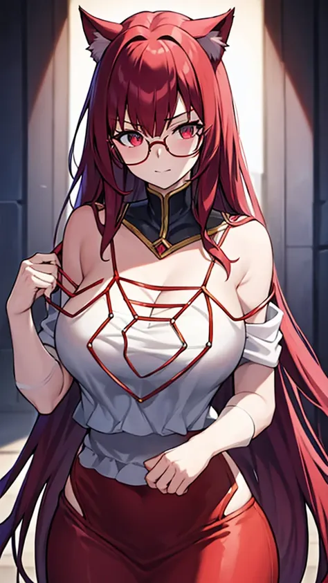 a 20 year old female villain with long dark red hair, red cat eyes, chest with red cat ears, round glasses, black dresses, black...