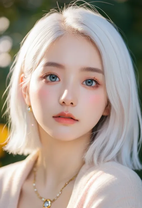 White hair, Moles under the eyes, Scleral mismatch, Heterochromia, blush, Shy, lol, bell, Ray Tracing, Divine Light, Backlight, Glowing lights, Anime style  