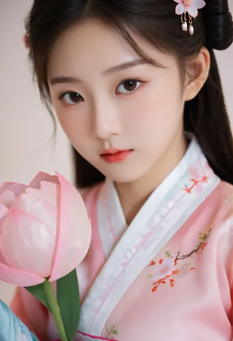 There is a cartoon little girl wearing a skirt, Chinese dress, Hanbok apron, Chinese Clothing, Chinese traditional clothing, Close-up - View, Hanbok, wearing ancient Chinese Clothing, with ancient Chinese Clothing, palace, Girl wearing Hanfu, White Hanfu, ...