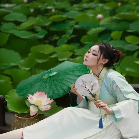 Woman in traditional dress sitting on a bench，Holding fan and lotus, Hanfu, palace ， Girl wearing Hanfu, White Hanfu, Dressed in ancient Chinese costumes, Wearing Chinese clothes, Traditional Chinese clothing, style of guo hua, Inspired by Huang Ji, Chines...