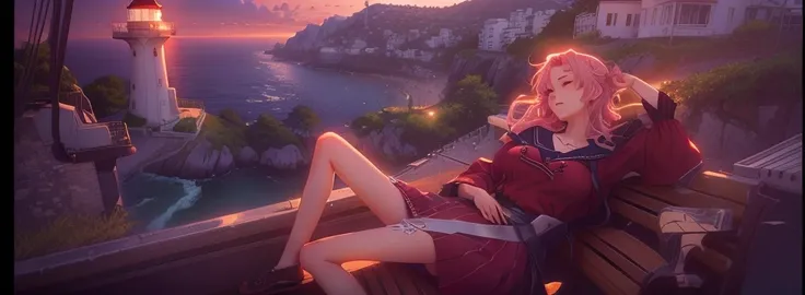 Animated scene of a woman sitting on a bench looking at a lighthouse, rio de janeiro in an anime film, Anime movie screenshots, Gore anime screenshot, Anime movie stills, Anime movie screenshots, In anime movies, A still from the anime, Screenshots from th...