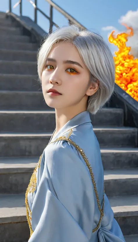 High Detail, clear, 8 gm, Throne of Fire, young people, 18 years old, Light grey hair, Short hairstyle, Yellow eyes, There is a blue sky behind, Fiery stairs leading to the sky，To the throne, realism, fantasy,