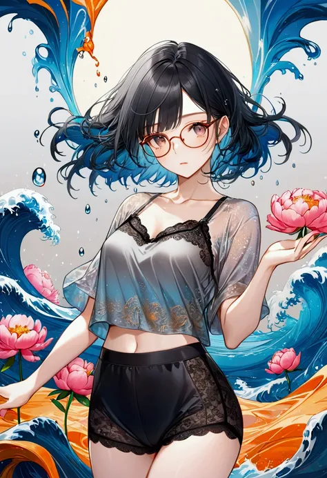 Ink Art, Paint splatter style, Liquid glow made of colors, (Grey cropped top, Black lingerie, Short clothes), (Black long hair), (20 years), (1 girl), with fringes，Fashion glasses，Gradient background, Pastel color palette, pink blue, silver, Red, orange, l...