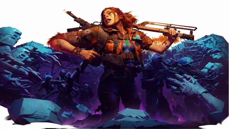 a woman with a backpack standing in front of a bunch of zombies, background artwork, character art the contra, horde of zombies, epic full color illustration, epic digital art illustration, zombie in horror concept art, james edmiston, epic game portrait, ...