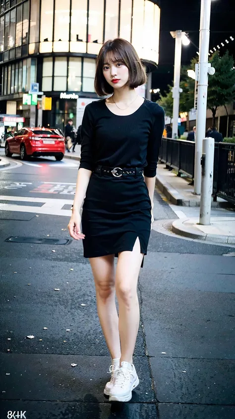 a beautiful japanese woman with very short bob haircut, full body shot, wearing fashionable clothes, necklace, simple background, (best quality,8K,32k,masterpiece:1.2),cinematic aesthetic:1.4,beautiful fashion model photo in bokeh city night,full body shot...