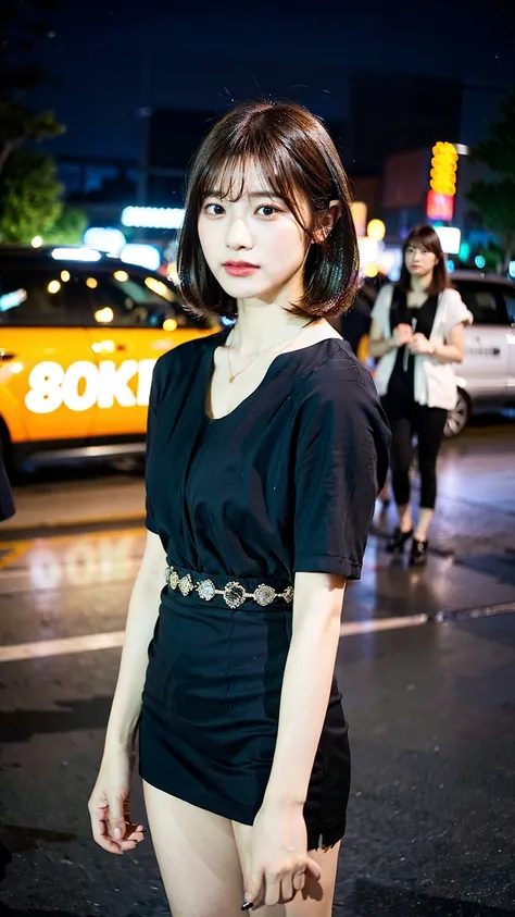 a beautiful japanese woman with very short bob haircut, full body shot, wearing fashionable clothes, necklace, simple background, (best quality,8K,32k,masterpiece:1.2),cinematic aesthetic:1.4,beautiful fashion model photo in bokeh city night,full body shot...