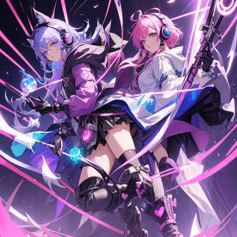 Masterpiece、top-quality、Anime Magical Girl、cyberpunked、Cute heart-shaped magic cane、cloak with hood、headset on head、Cyberpunk even though its an idols clothes、Long boots in white、Pouch on the waist、