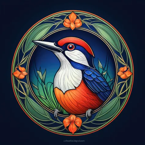 "Logo of a "woodpecker"; shading and gradients, Art Nouveau, vibrant colors and synthwave. Vector design, thin lines, central composition, smooth background, 1:1 air. Tetradic palettes (Dark Blue, Orange, Red, Olive Green), Watercolor logo style with print...