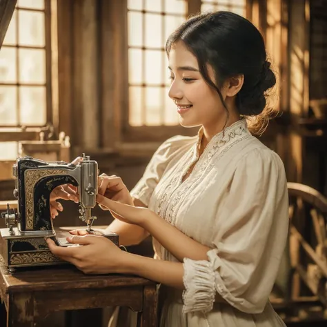 Indonesian woman with soft face working on sewing machine indoors, small manufacturing, instagram post, in the workshop, masterpiece of art, extraordinary masterpiece, beautiful craftsmanship, stitching, instagram photo, very consistent, batik, very strong...