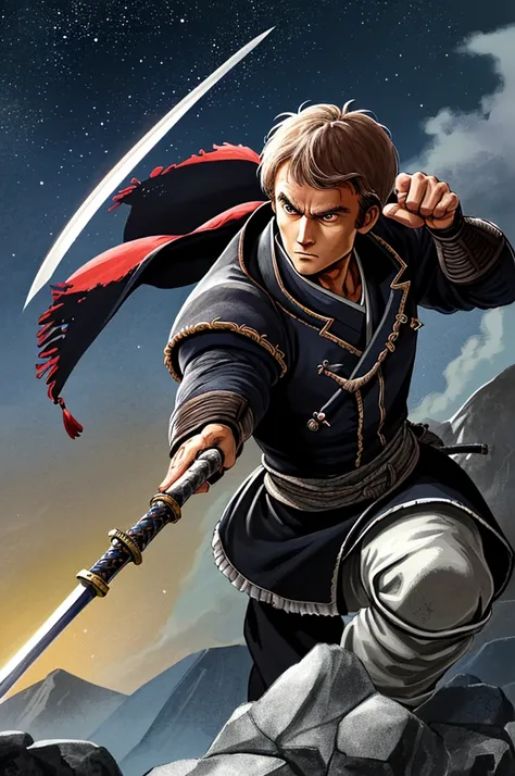 Highest quality，High resolution， ((emmanuel macron)) ，France，Kenshiro，Fist of the North Star，samurai，（gun），One person，warrior，（black_coat），Tricolor，kimono，male，One personで，Middle Age，Swordsman，strongest，Anime Style，（Night Sky_background），(Limbs)，(Full Fing...