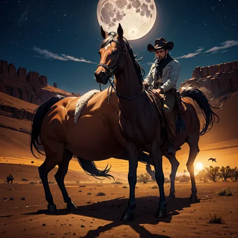 Misterious cowboy rising a horse at night, full moon, desert, smoky atmosphere