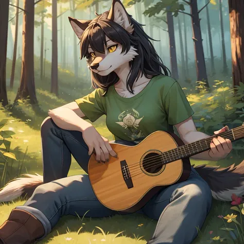 Masterpiece, high quality, animal focus, (wild) fur, One grey wolf anthro girl, solo, has Yellow eyes, wears green T-shirt with farmer jeans, in the forest, sitting on the ground, playing in acustic guitar, sunny day