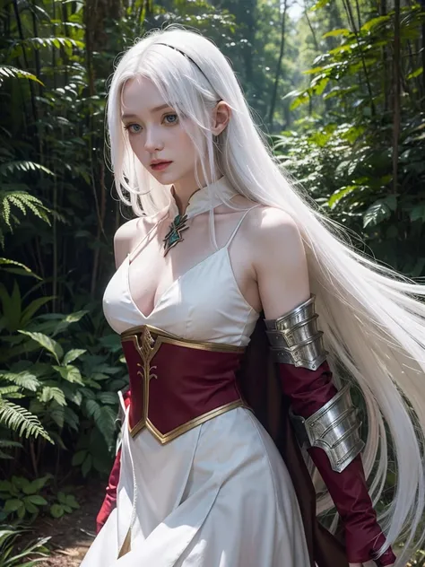 Long white hair, cate features, white skin, Fantasy world. Adventurer style with armor on the shoulder and arms (ruby). In the forest.