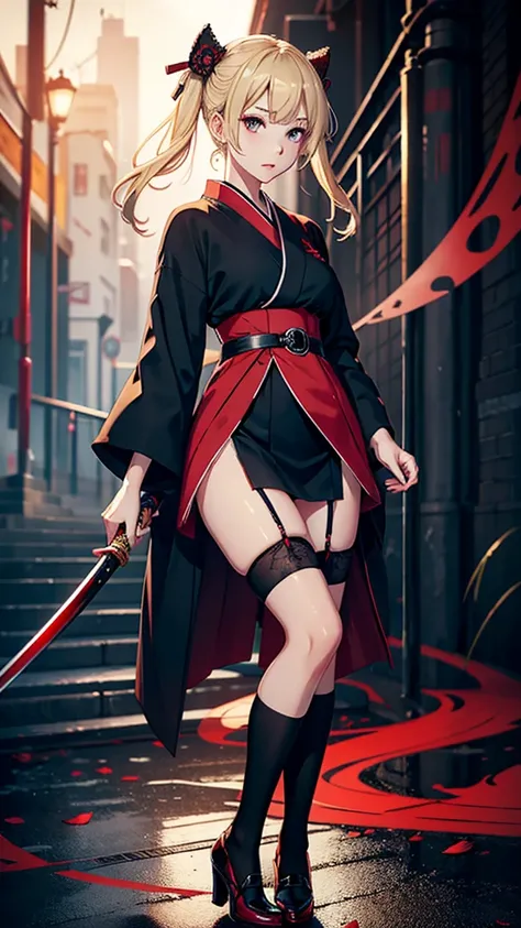 young woman, blonde, in a red kimono, belted katana, stockings, short skirt, black shoes, eyes of different colors, 