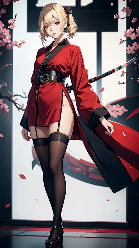 young woman, blonde, in a red kimono, belted katana, stockings, short skirt, black shoes, eyes of different colors, 