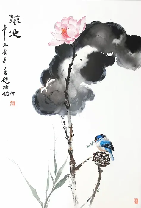 There is a painting，The painting shows a bird and a flower on a branch, traditional chinese Ink Painting, Ink Painting ) ) ) ), chinese Ink Painting, 中traditional Chinese painting风格, traditional Chinese painting, author：Gong Kai, author：Luo Mu, Ink Paintin...