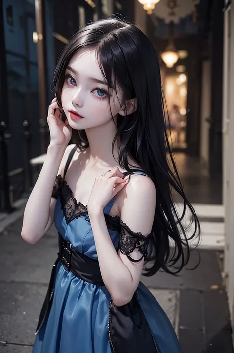 Highest quality, masterpiece, look up, cute,(Horror),(((Beautiful girl))),(Sexy),(sexy),((Small breasts)),Baby Face,(Blue dress,Summer clothes),(Middle school students),Black Hair,Beautiful Style,((Pale skin)),Sensual look,Embarrassed,Sexy表情,Heavy makeup,E...