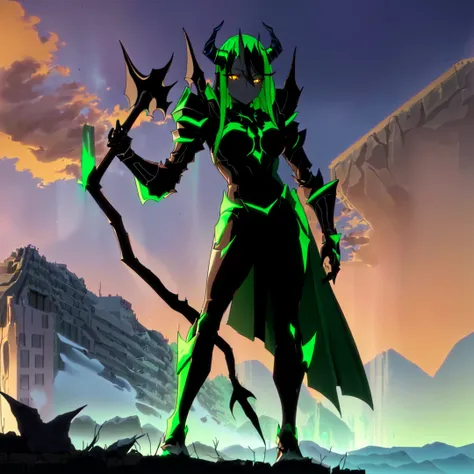 there is a cartoon image of a demon with horns and horns, demon armor, shadow armor, dark goddess, demon hero, style of duelyst,...