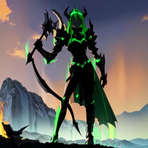 there is a cartoon image of a demon with horns and horns, demon armor, shadow armor, dark goddess, demon hero, style of duelyst,...