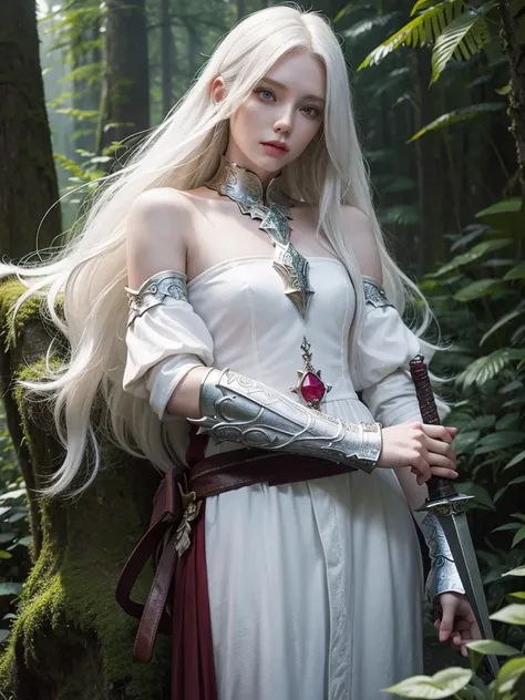 Long white hair, cate features, white skin, Fantasy world. Adventurer style with armor on the shoulder and arms (ruby). In the forest. Armor on the shoulders and a magical cool sword on the hilt.