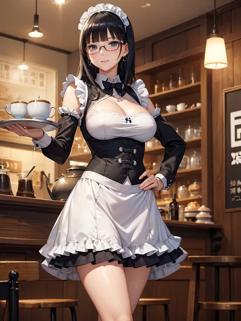 nsfw, Detailed Background, (((独奏))), ((Excellent anatomy: 1.2)), (One beautiful 35 year old woman:1.5), (Black Hair, Shortcuts, blunt bangs), Big Tits, (Blue Eyes), (Beautiful Eyes), (Miniskirt maid costume:1.3), (Silver-rimmed glasses:1.2), (Holding a tea...