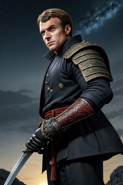 Highest quality，High resolution， ((emmanuel macron)) ，France，Fist of the North Star，samurai，（gun），One person，warrior，（black_coat），Tricolor，kimono，male，One personで，Middle Age，Swordsman，strongest，Anime Style，（Night Sky_background），(Limbs)，(Full Finger)，(Accu...