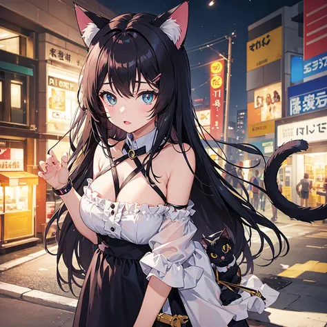 Cat ear girl,Cat&#39;s Tail,Blonde,,Red Dress,Long skirt,An attractive dress with a wide open back,Red elbow-length gloves,Illuminated by the moonlight,Shy smile,Castle rooftop,A fantastic atmosphere, Fireworks in the night sky, Face illuminated by light, ...