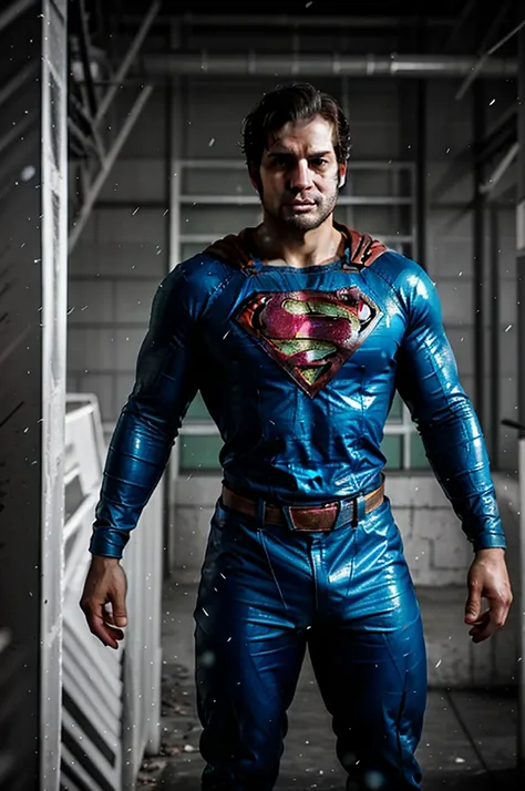  Henry cavill,Realistic superman, full body, (old shabby:1.3) leather superman suit, beard, (muscular arms:1.2),fly, background of the cyberpunk city, snowfall, sony a7, 50 mm, matte skin, pores, colors, hyperdetailed, hyperrealistic), realistic, photograp...