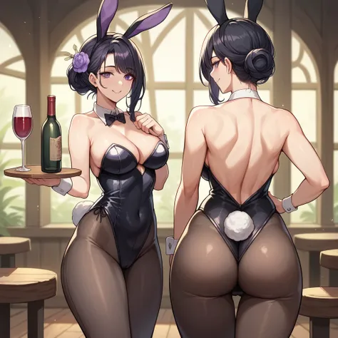 long black hair, round ass, purple eyes, mature woman, 20 years old,  adult, perfect body, fantasy taver, black bunny girl costume, black and purple bunny ear accessory, wooden floot, standing, holding wine bottle, serving, smile, showing bottle, looking f...