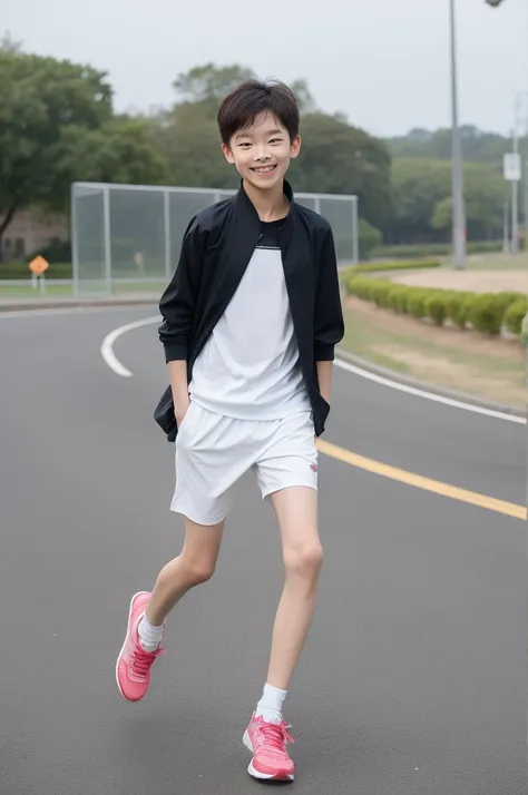 12-year-old boy,Smile，Spread your white and slender legs，jogging，full body，8K五官精致，Handsome boyish feeling，8K，masterpiece,((best quality)),photography,