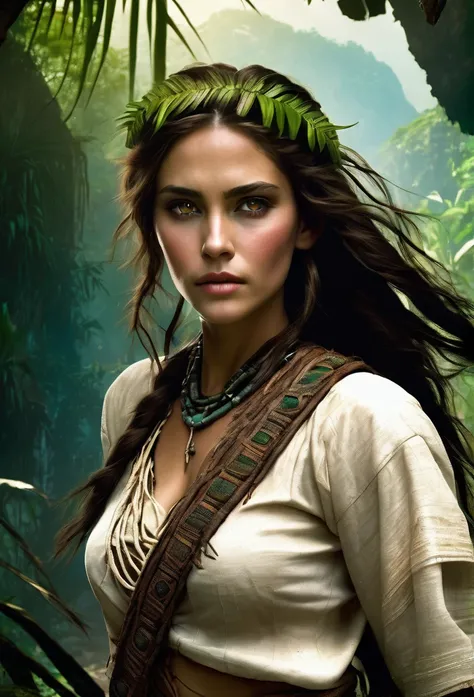 Feminine Female, long And Tangled hair, hazel eyes, Wears animal Hides only, Primal Setting, Jungle ruins Back ground, HD, Ultra Scenery, Vivid lighting.