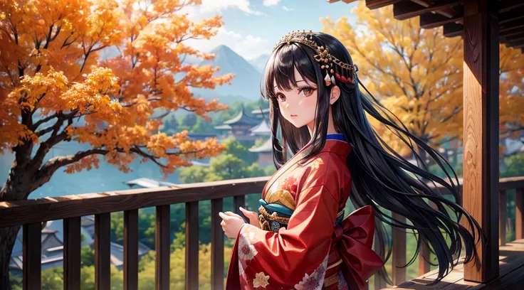 One girl, Long black hair, Brown eyes, Wearing a beautiful Japanese kimono, sacred tree, Traditional buildings, High resolution, Super sharp, 8K, masterpiece, View your viewers