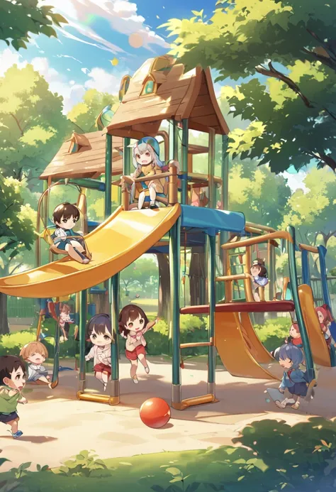 # theme:
- Children playing in the park

# Constraints:
- There are more than five children playing together. - There are playground equipment in the park. - The weather is sunny.

# Prerequisites:
- The park is open during the day - children are under par...